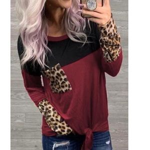 Women’s leopard tie front maroon burgundy top